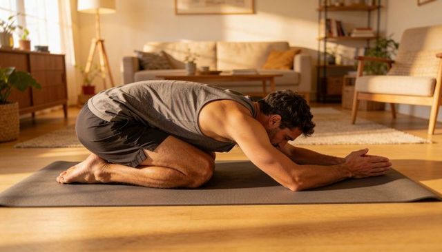 Man practicing child's pose on yoga mat in sunlit living room for home yoga and mindfulness