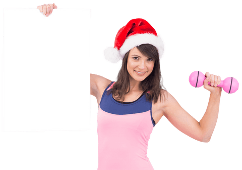 Festive Brunette Wearing Santa Hat with Dumbbell and Blank Poster Transparent Background