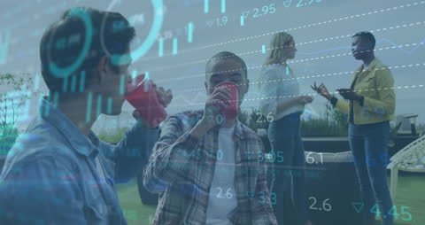 Friends Enjoying Drinks with Overlay of Financial Graphs