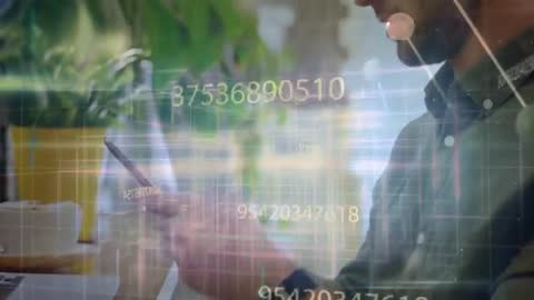 Professional Analyzing Data on Phone and Laptop with Tech Overlays