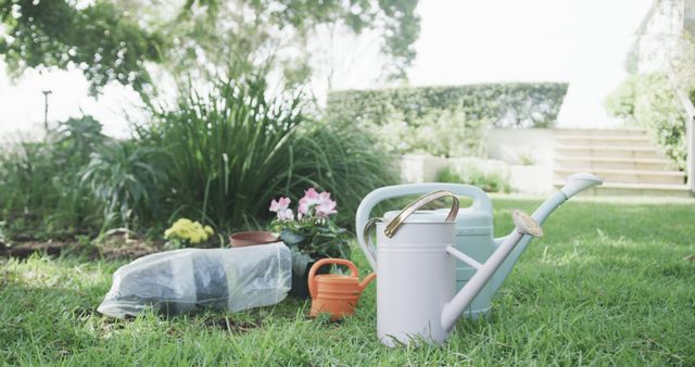 Garden equipment with watering cans and pots on grass in garden on sunny day. Nature and gardening.