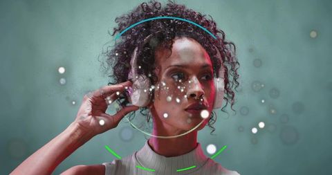 Futuristic female model wearing headphones adjusting earcups with neon audio hud and bokeh
