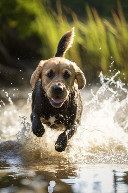 Black and beige labrador dog running in water over grass created using generative ai technology. Animals, pets and nature concept digitally generated image.