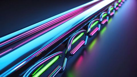 Futuristic Neon Metallic Tubes and Clamps on Glossy Platform