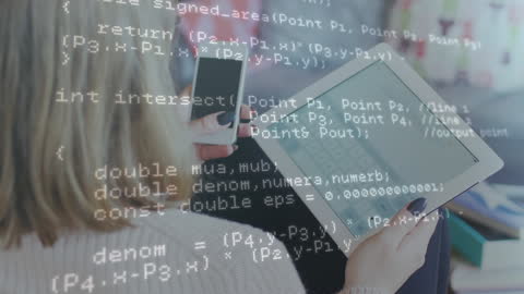 Technology and Data Fusion Concept with Woman Using Devices