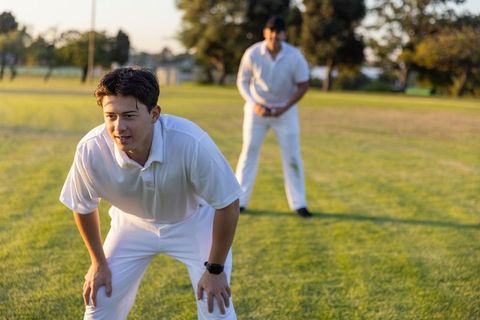 Cricket teammates fielding and preparing for catch on sunlit grassy community pitch