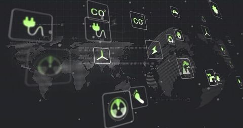 Futuristic global energy dashboard showing dotted world map with floating neon power icons