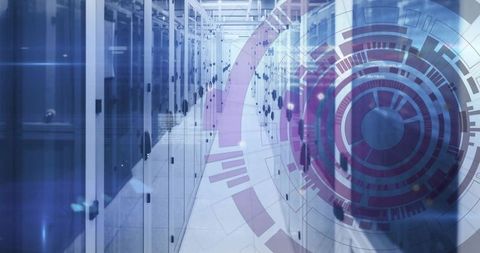 Modern Data Center with Futuristic Holographic Interface Overlay