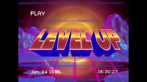 Retro Level Up Graphic with Neon Digital Aesthetics