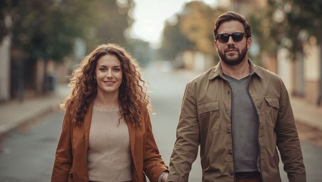 Couple Walking Down Suburban Street on a Crisp Autumn Day
