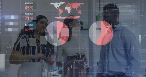 Diverse Team Collaborating in Modern Digital Office with Financial Data Overlay - Download Free Stock Images Pikwizard.com