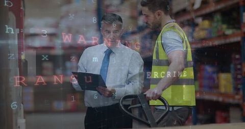Warehouse Supervisor and Worker Discussing Inventory with Technology and Security Element