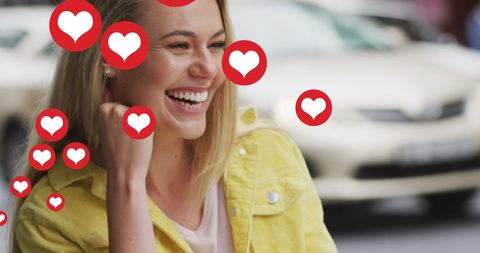 Smiling Woman Enjoying Coffee with Social Media Heart Icons