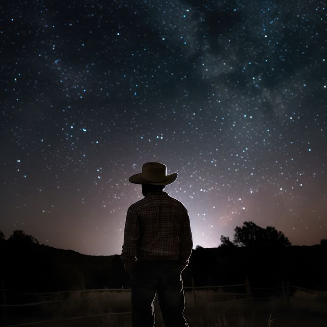 A silhouette of a cowboy standing in a rural landscape at night, looking up at a star-filled sky and Milky Way. This evokes a sense of adventure, solitude and connection with nature. Ideal for use in articles on stargazing, rural lifestyles, tranquility, night photography, and outdoor activities.