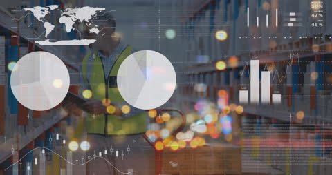 Warehouse Worker Analyzing Financial Data Overlays