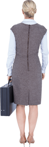 Transparent businesswoman with briefcase facing away