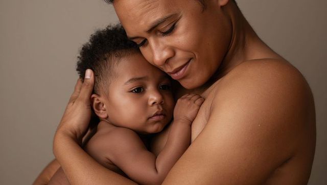 Tender mother cradling newborn against bare-shouldered chest, intimate bonding portrait