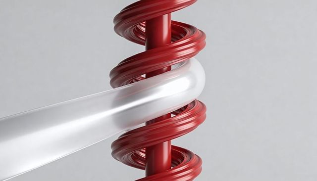 Glossy red helix wrapped by lacquered ribbons with translucent white band