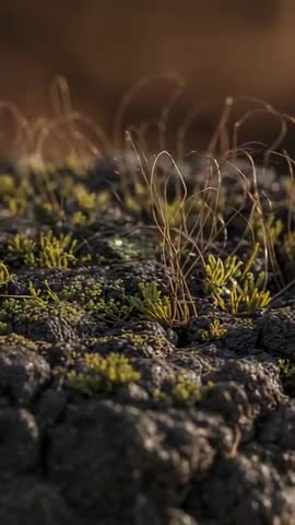 Macro Vertical Video Capturing Delicate Grass Loops and Moss Rosettes on Cracked Rock