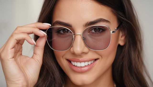 Smiling woman adjusting silver-framed sunglasses close-up beauty fashion portrait