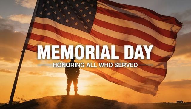 Memorial day tribute soldier silhouette standing before american flag at sunrise