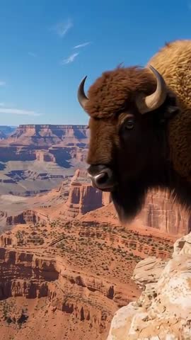 Bison turning head toward camera while panning red rock canyon rim vertical video