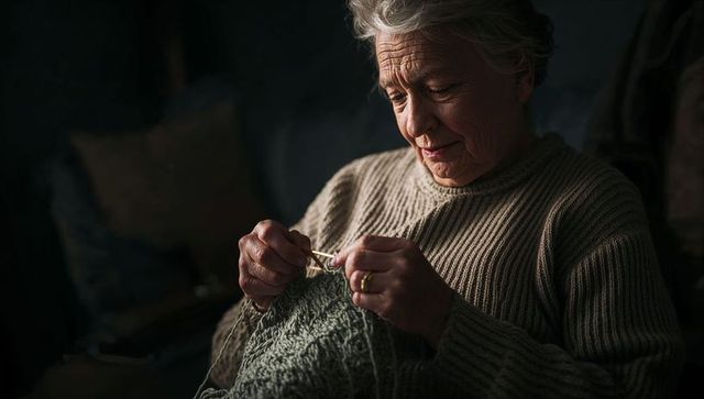 Senior woman knitting cozy wool sweater by hand in warm living room, hands close-up