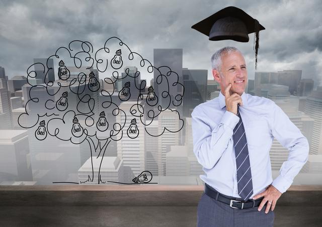 Digital composition of thoughtful businessman with graduation cap against cityscape in background