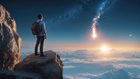 Astrophysicist explorer overlooks surreal sky from mountain ledge