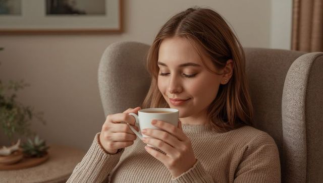 Young woman relaxing with hot coffee in cozy armchair at home wearing beige knit sweater