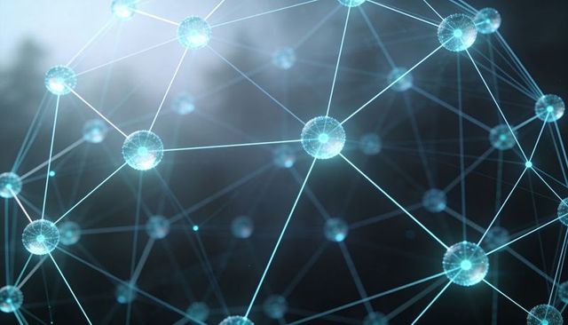Glowing Neural Network Web with Cyan Nodes and Connecting Lines Illustrating Data Flow