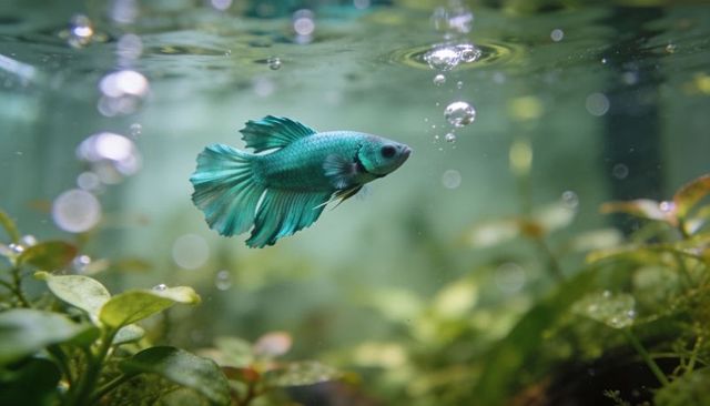 Teal betta fish gliding in planted aquarium with rising bubbles and bokeh