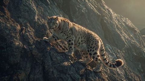 Majestic Snow Leopard Climbing Rocky Mountain at Dawn