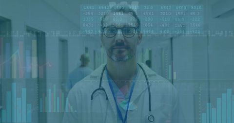 Doctor in Hospital Corridor with Medical Data Overlays