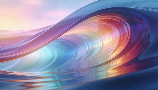 Translucent glass wave curl refracting sunset colors flowing gradient ribbon light