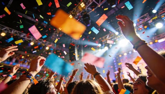 Festival crowd cheering with confetti flying and vibrant concert stage lights