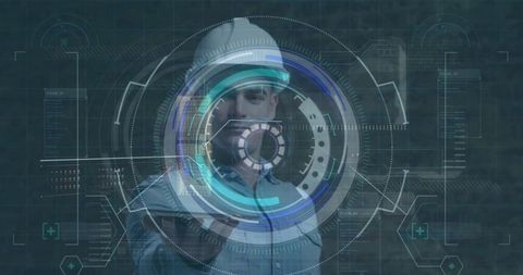 Digital data processing with futuristic interface and worker