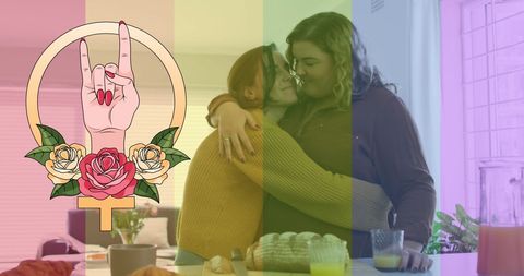 Lesbian Couple Embracing in Colorful LGBTQ+ Theme