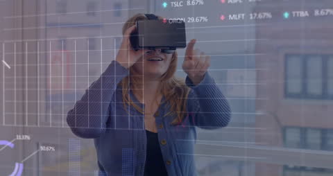 Woman Utilizing VR Headset for Data Visualization