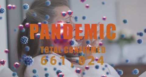 Coughing Mature Woman with Virus Graphics and Pandemic Text Overlay