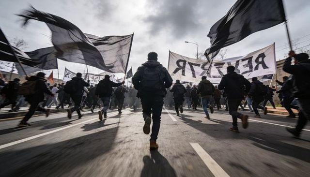 Urban protesters running with black flags and large banner on wet street cinematic motion