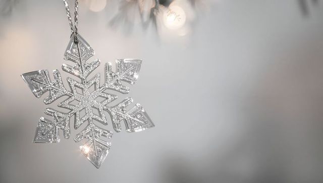 Hanging silver glitter snowflake ornament on fir branch with braided cord and warm lights