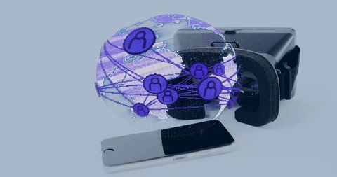 Holographic global network hovering over vr headset and smartphone showing connected users