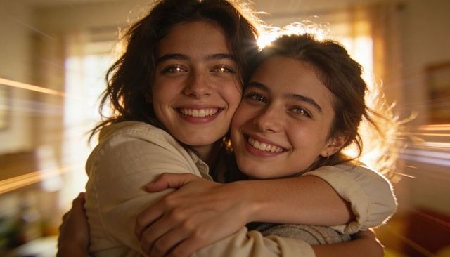 Sunlit friends hugging and smiling in cozy living room with warm backlight and lensflare