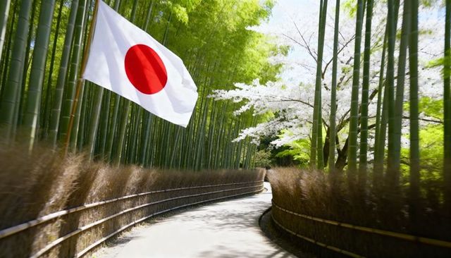 Japanese flag fluttering over serpentine bamboo grove pathway with cherry blossoms, spring