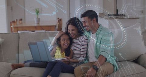 Smiling family on couch using laptop with AR overlay for online learning and bonding