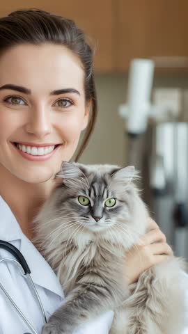 Vertical video veterinarian holding and stroking longhaired cat during clinic exam with stethoscope
