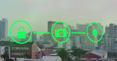 Neon green technology icons overlaid on city skyline