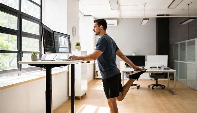 Man stretching at sit-stand desk with dual monitors in light-filled modern open-plan office