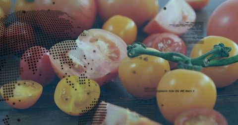 Halved Red and Yellow Cherry Tomatoes on Vine with Rustic Board and Halftone Overlay